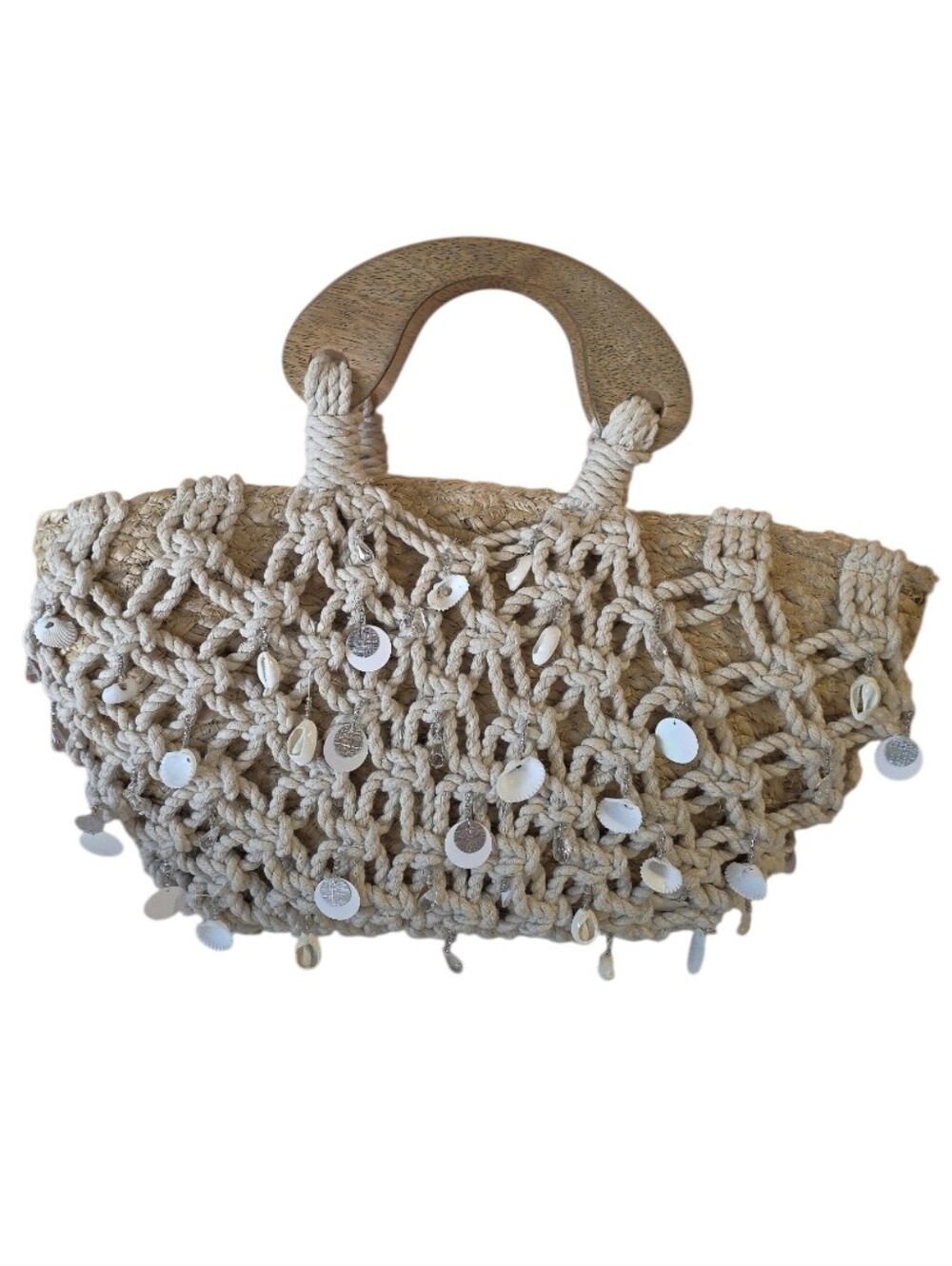 Viral Rope Handbag Natural Crochet Shell Tote with Wooden Handles
